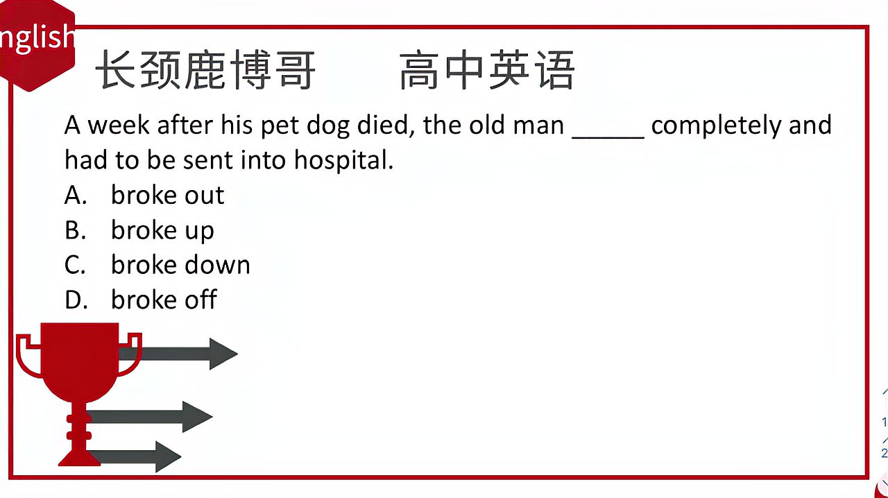 [图]高中英语选择题,break down与break out的差别是?很多人会做错