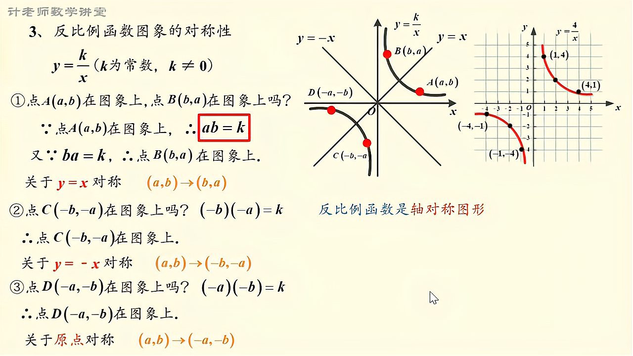 [图]反比例函数图像的对称性：轴对称和中心对称，九年级数学教学视频