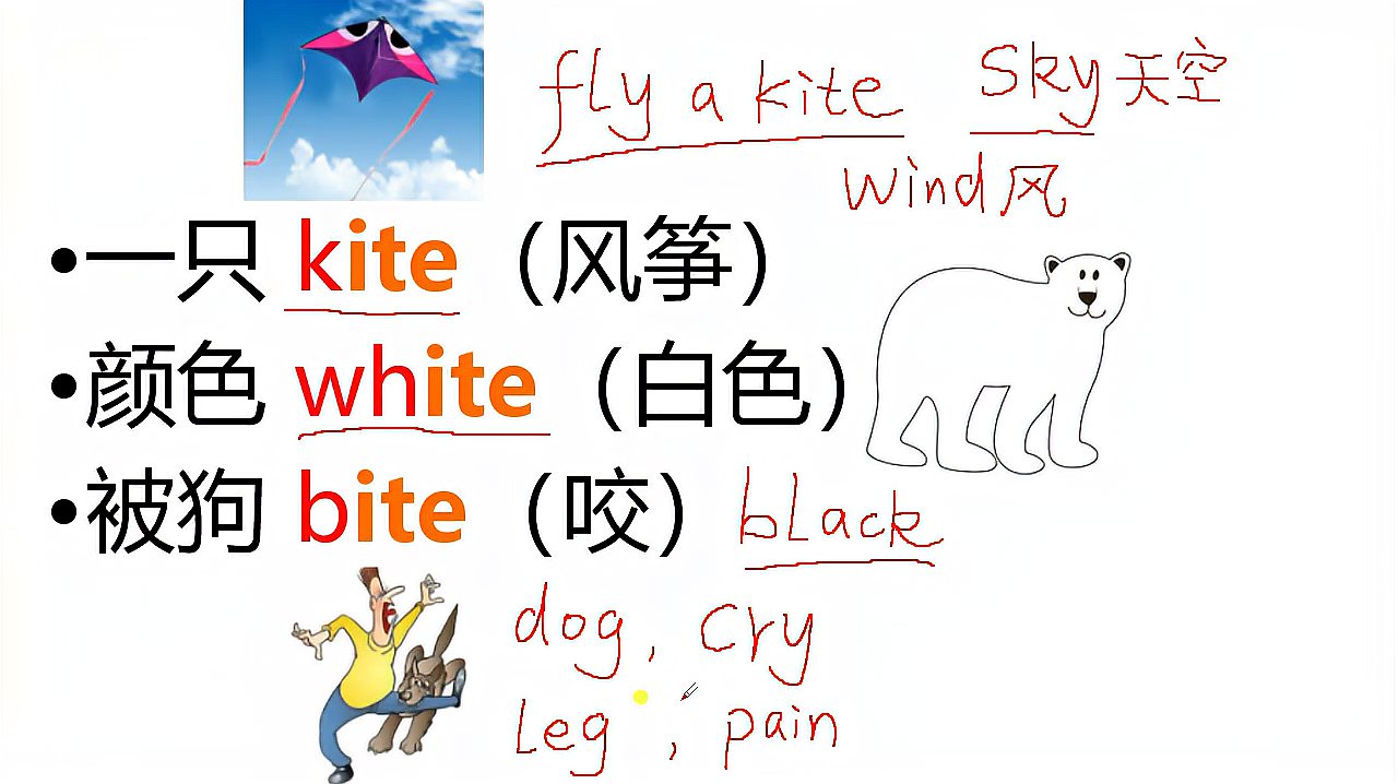 [图]英语单词顺口溜,一只kite,颜色white,被狗bite