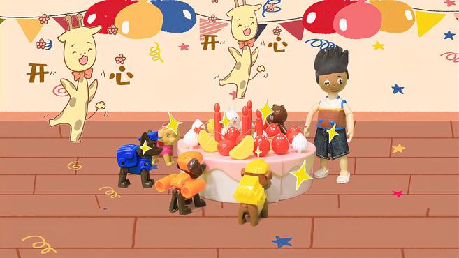 天天过生日,莱德买来一个超级大蛋糕,狗狗们一起唱生日快乐歌