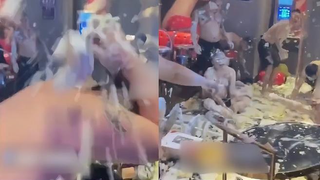 KTV包房上演蛋糕大战,满地奶油无法站立,8名男子浑身煞白太吓人