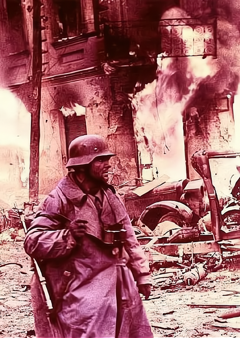 1943年12月29日,乌克兰日托米尔,一名全副武装的德军从一栋燃烧的建筑