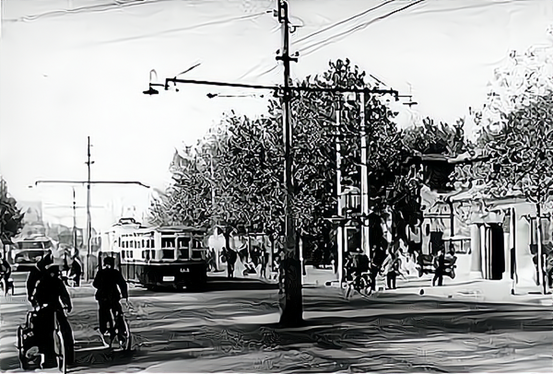 1960年,天津市河北区中山路,电线杆上不仅有路灯,还悬挂着有轨电车的