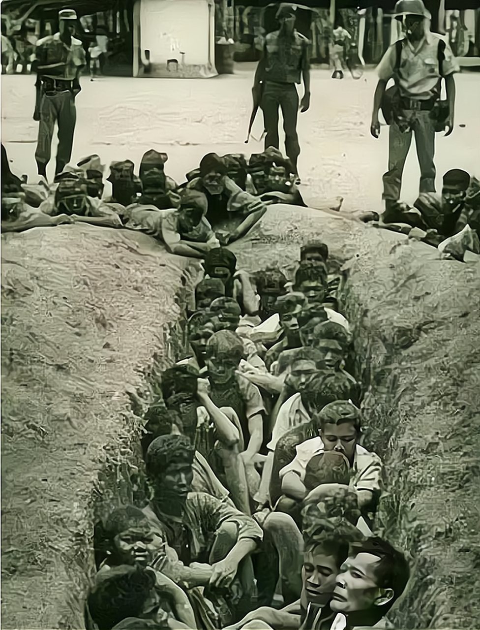 1965年,在印度尼西亚,一群华人被驱赶到土坑中,坐在地上等待死亡.