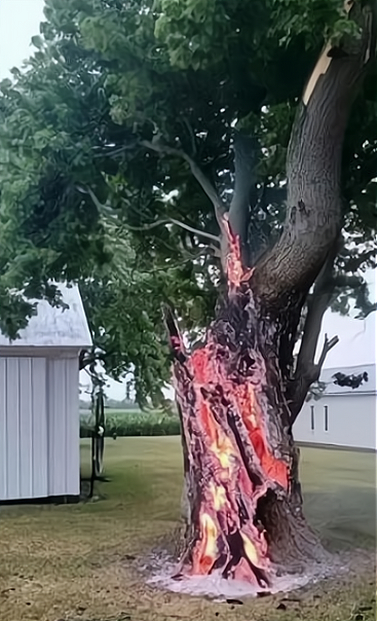 这大树被雷劈着火了吗?还真还满惊险