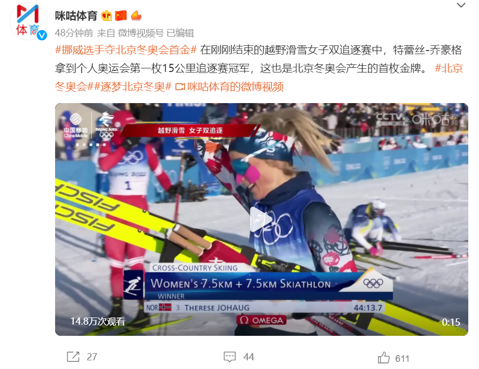 北京冬奥会首金诞生!挪威选手夺得越野滑雪女子双追逐冠军