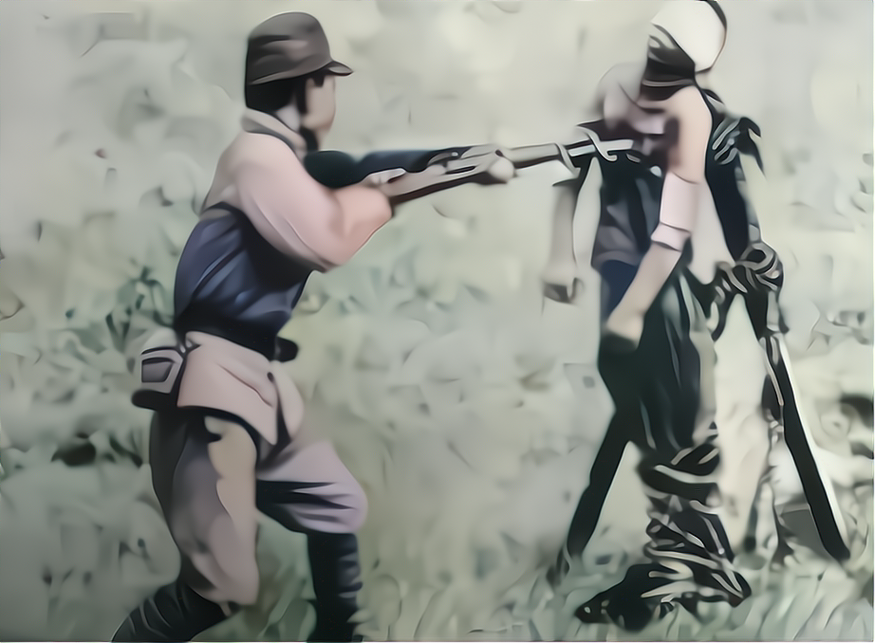 1940年天津,日本士兵手持带着刺刀的枪支,将一个绑在柱子上的中国士兵