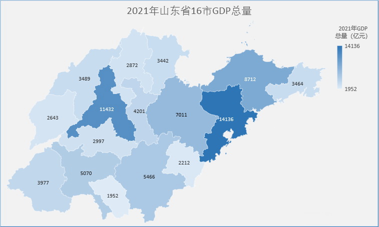 山東16市2021年gdp地圖—青島和濟南佔全省三成,東營人均gdp最高