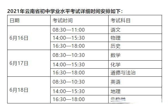 最新 2021年云南省中考时间定了