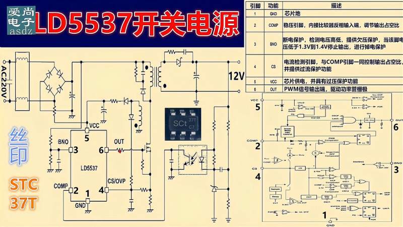 ld5537开关电源丝印stc37t原理与维修电路图引脚功能详细分析