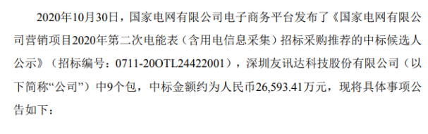 友讯达中标国家电网电能表(含用电信息采集)中标金额约为266亿元