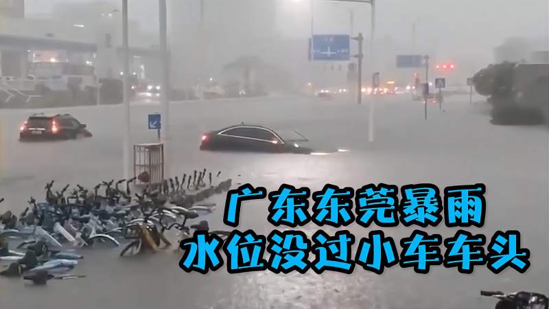 广东东莞暴雨:道路积水严重、市民被困街头 水位没过小车车头