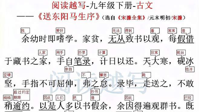 [图]九年级下册文言文古文阅读《送东阳马生序》，古人刻苦求学的经历