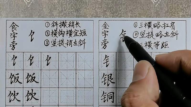 王永成硬笔书法公益课堂偏旁部首10食字旁和金字旁的写法
