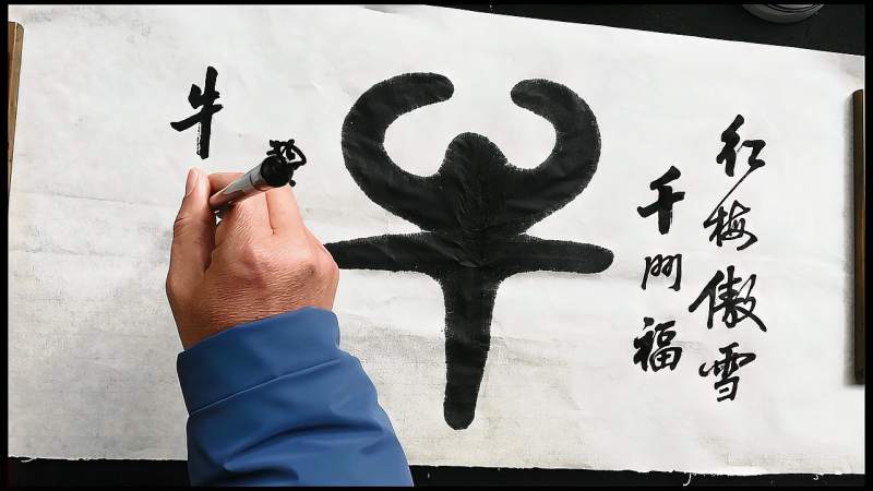 70老校长用涨墨法写篆书牛字怎么越看越不对劲却越有味