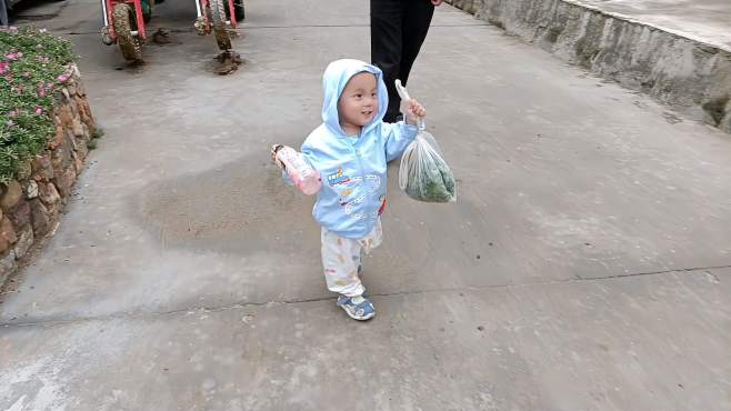 [图]龙凤三宝村里溜圈，姥姥给的菜轮流往家拎，真是三个小财迷呀