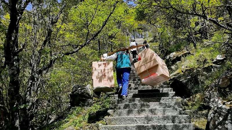 黄山挑夫挑百余斤货物走7公里山路:干了21年,供出俩大学生,情感,正能量,好看视频
